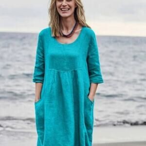 Woolovers 100% linen blue midi maxi dress flowy lagenlook minimalist pockets